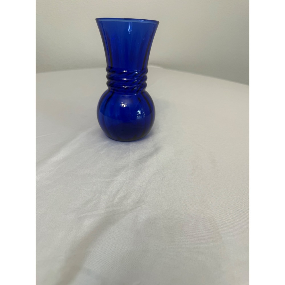 Cobalt Blue Glass Bud Vase Ribbed Cinch Neck 6.5 Inch Decorative Flower Vase